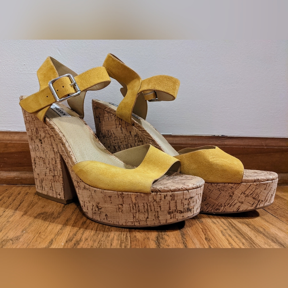 Steve Madden Jess Yellow Suede Cork Platform Sandal sz 11 - Picture 2 of 13
